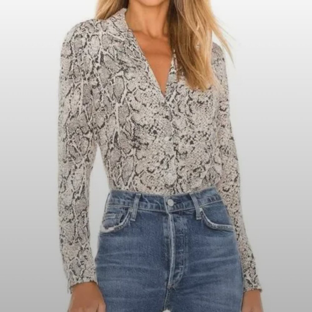 Rails Snake Print Long-Sleeve Blouse in Black and White